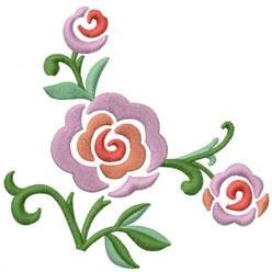Whimsical rose floral design featuring soft pink and orange roses, adorned with vibrant green leaves and decorative tendrils.