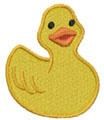 Playful rubber duck in bright yellow with an orange beak and black eyes, designed for kids' items.