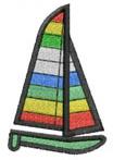 Colorful sailboat with a vibrant striped sail in reds, greens, and yellows, featuring a green hull, playful design.