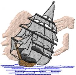 Realistic sailing ship with detailed sails above blue waves, hands integrated into the design, showcasing a nautical theme.