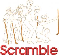 Five golfers in line art, playfully scrambling with golf clubs, featuring bold 'Scramble' text.