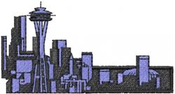 Stylized Seattle skyline featuring the Space Needle and tall buildings in striking purple and black.
