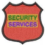 Shield-shaped patch with red background, black border, and green 'SECURITY' plus purple 'SERVICES' text.