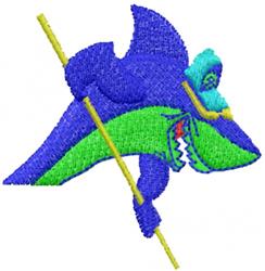 Playful shark in blue and green hues, energetically holding a yellow pole, perfect for vibrant aquatic decor.