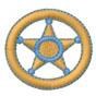 Simple police star badge with gold star and blue accents enclosed in a circle, perfect for playful themes.