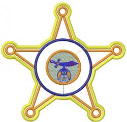 Colorful sheriff's star badge features a bold star shape, a sword emblem, and vibrant outline, perfect for playful themes.