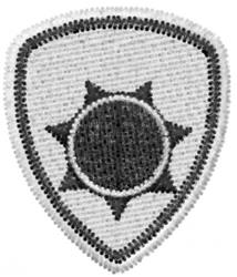 Bold shield emblem with a sun symbol, featuring a minimalist black and white design.