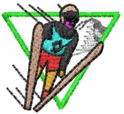 Cartoon skier in blue top and red shorts, wielding bright poles, framed by green and a mountain backdrop, for winter sports.