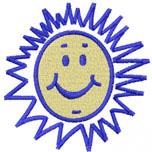 Cheerful smiling sun with a light yellow center and vibrant blue spiky rays, perfect for summer themes.