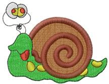 Playful snail with a green body and brown shell, featuring white eyes and a red tongue, perfect for cute embroidery.