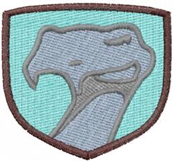 Stylized snake in grey, outlined within a shield shape, on a light blue background with a brown border.