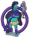 Cartoonish soldier in vibrant green and purple armor, holding an axe and surrounded by a circular rope.