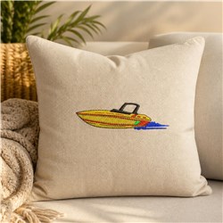 Playful speedboat in vibrant yellow splashes through blue water, embroidered on a cozy beige pillow, perfect for nautical dec