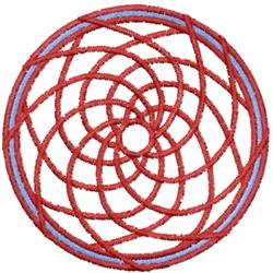 Modern circular geometric design featuring a captivating spiral in red and blue lines, showcasing intricate curves.