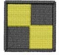 Square patch with black border, vibrant yellow and gray sections, simple geometric design, perfect for fabric embellishment.