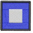 Square patch design with a blue border, black outline, and white center, featuring simple geometric embroidery.