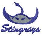 Bold stingray silhouette with playful expression in blue outline and 'Stingrays' text beneath, perfect for beachwear.