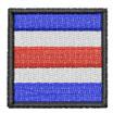 Rectangular patch featuring red, white, and blue horizontal stripes with a black border in bold graphic style.