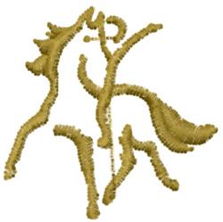 Stylized horse in gold embroidery, featuring fluid lines suggesting movement and grace. Ideal for decorative cushions.