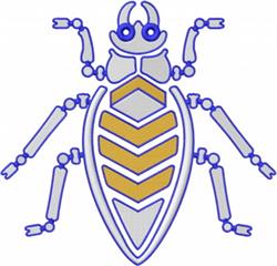 Playful insect with a blue outline and golden segments, showcasing a symmetrical design.
