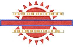 Modern red sun with vibrant yellow rays and a blue banner, perfect for summer decor.