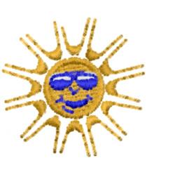 Playful sun with sunglasses and a smiling face, featuring vibrant yellow rays, perfect for summer.