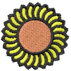 Applique sunflower with vibrant yellow petals, brown center, and black edges, perfect for cheerful embroidery projects.