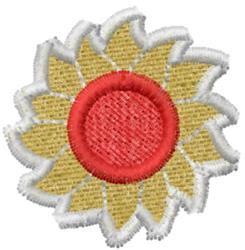 Cartoonish flower with sunflower features, bright yellow petals, red center, and green background, perfect for spring.
