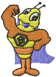 Playful superhero bee with a yellow body, black stripes, flexing muscles in a vibrant orange and black outfit, flowing purple