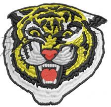Fierce tiger head with yellow and black stripes, open mouth revealing sharp teeth and red tongue, bold embroidery.