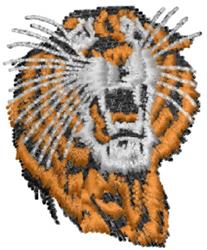 Realistic tiger head portrait with bold orange and black stripes, fierce expression, and white highlights.