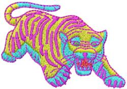 Vibrant tiger portrait in motion with bright yellow and pink colors, featuring bold black stripes.