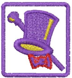 Playful purple top hat with a yellow band and red bow tie, alongside a magic wand, playful and colorful theme.