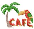 Vibrant toucan and lush palm tree with colorful letters spelling 'CAFE' in this playful design.
