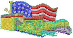 Colorful train with an American flag waving, bold outlines, and dynamic smoke, perfect for patriotic occasions.