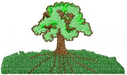 Colorful tree with green leaves, brown trunk, and visible roots in grass, perfect for playful decor.