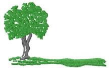 Simple tree silhouette with vibrant green foliage, gray trunk, and grass in a minimalistic style.