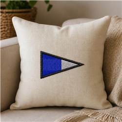 Modern decorative pillow with a beige linen cover featuring a blue and gray triangle design outlined in black.