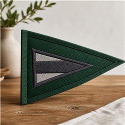 Modern triangular patch with a deep green background and bold gray triangle, set on textured wood.