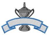 Traditional trophy with ornate silver details and a customizable blue ribbon banner below, perfect for celebrations.