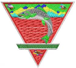 Vibrant trout jumping against a bold red triangular background with colorful geometric patterns. Applique design.
