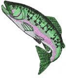 Realistic trout leaping from water, featuring vibrant greens, pinks, and purples, with detailed scales. Ideal for machine emb