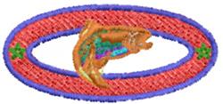 Vibrant trout in orange, green, and blue within a textured red oval, perfect for outdoor themes.