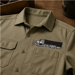 Olive green shirt featuring a black truck design on the chest, stylishly displayed on a rustic wooden surface.