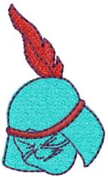 Cartoonish turquoise helmet with a red plume and simple face detail, perfect for playful designs.