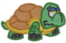 Cartoon turtle with a comical expression, green body and brown shell, perfect for playful machine embroidery.