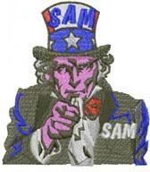 Cartoonish Uncle Sam in vibrant colors, with a tall starry top hat and pointing hand, perfect for patriotic decor.