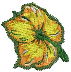 Vibrant flower with yellow and orange petals and green leaves, showcasing intricate details in a textured embroidery design.