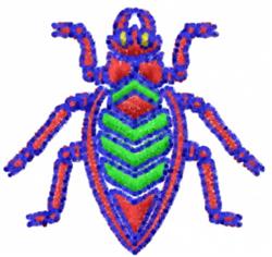 Vibrant insect design featuring a shield-shaped body and elongated legs in red, green, and blue.