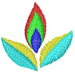 Vibrant leaf trio featuring red, green, blue, yellow, and cyan leaves in a symmetrical pattern with fluffy texture.